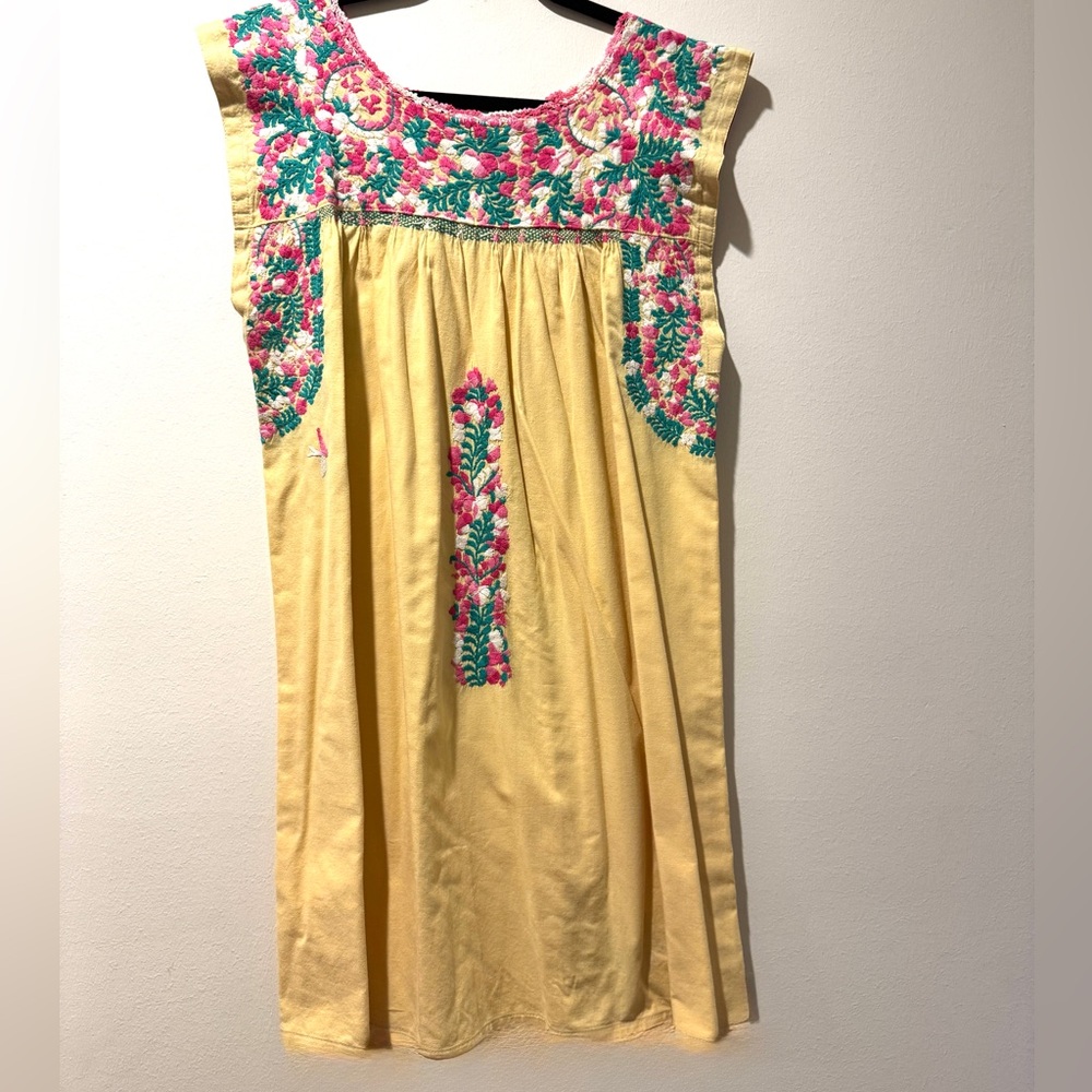 Mi Golondrina butter yellow dress, green and pink embroidery, Size Large.